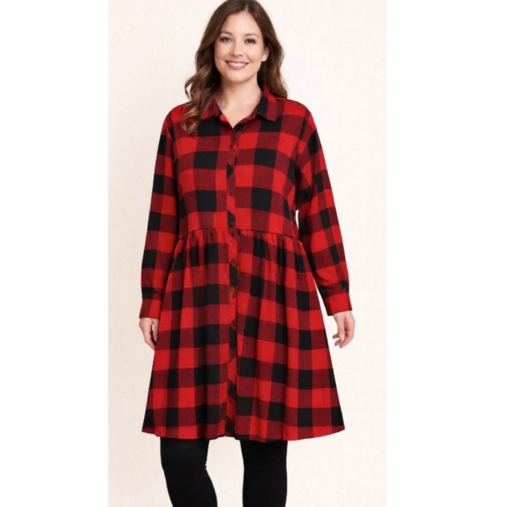 🦋 NO COMMENT Red Black Buffalo Plaid Dress Roll Tab Sleeves NWT 1X